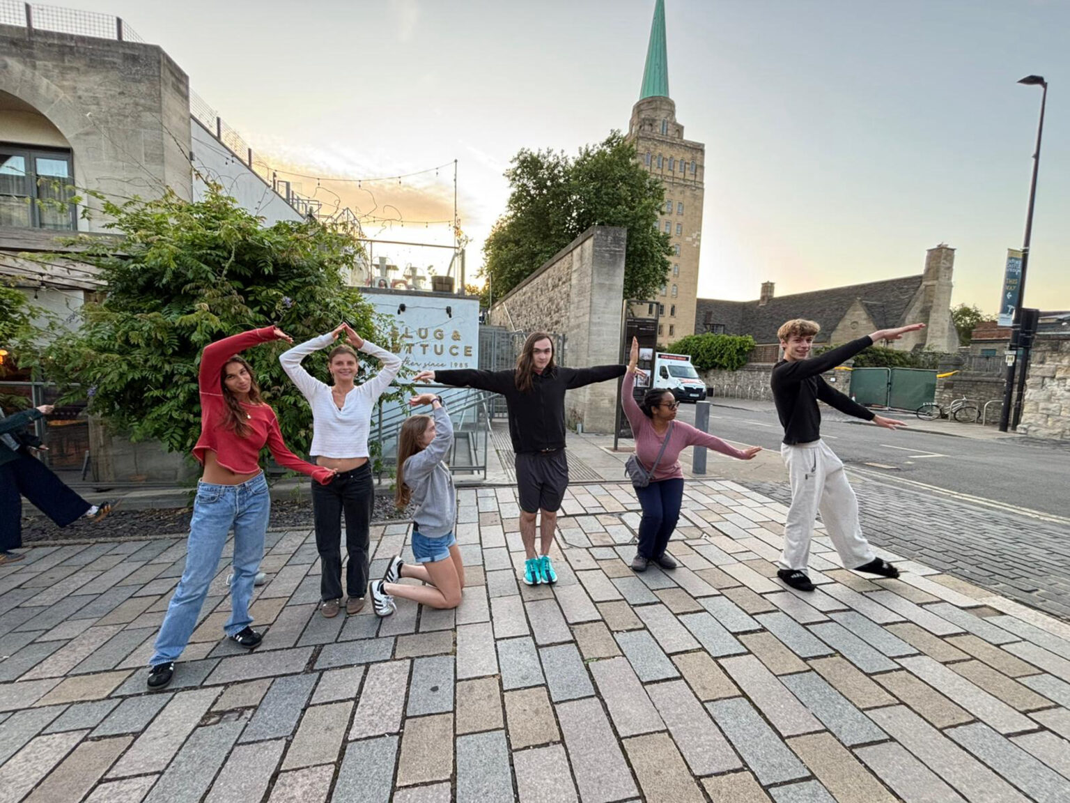 Students try to spell out Oxford Castle at Oxford Castle.