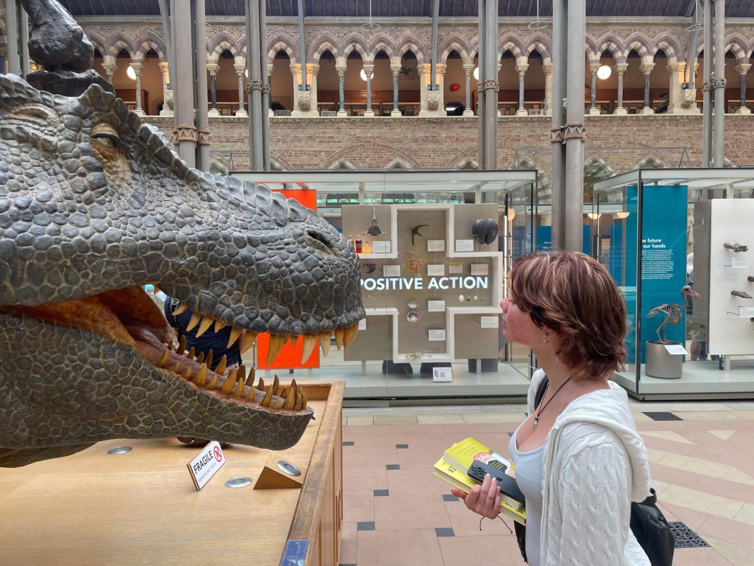 Student looks up at replica of T-rex in museum