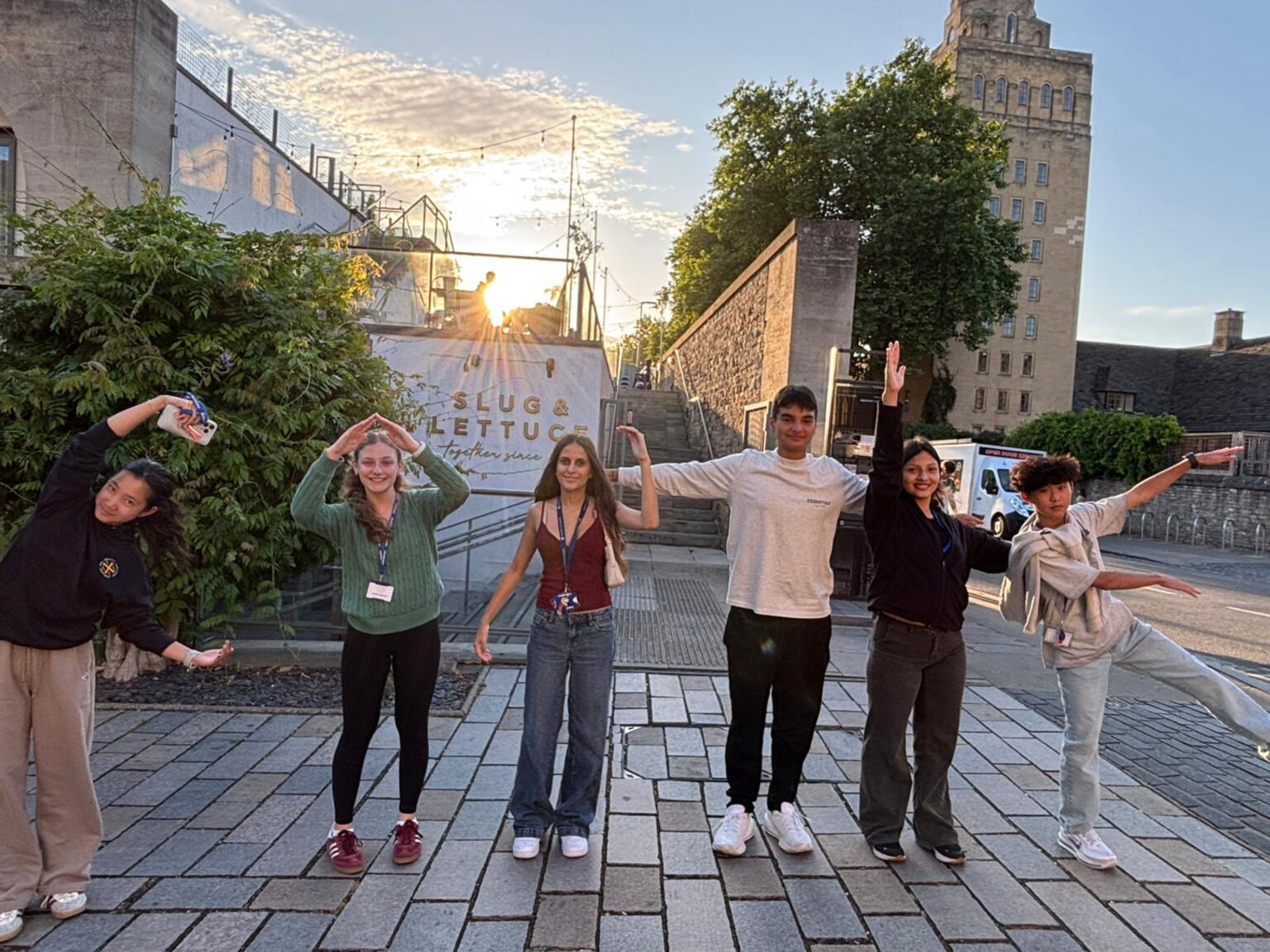 Students try to spell out Oxford Castle at Oxford Castle.